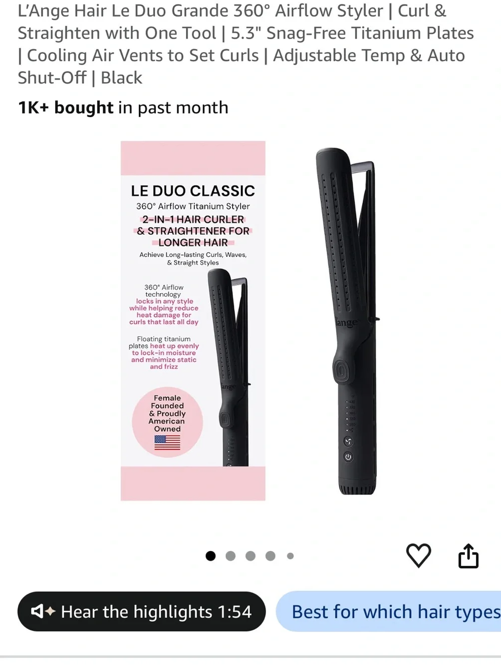 L'Ange Black 2-in-1 Hair Curler & Straightener